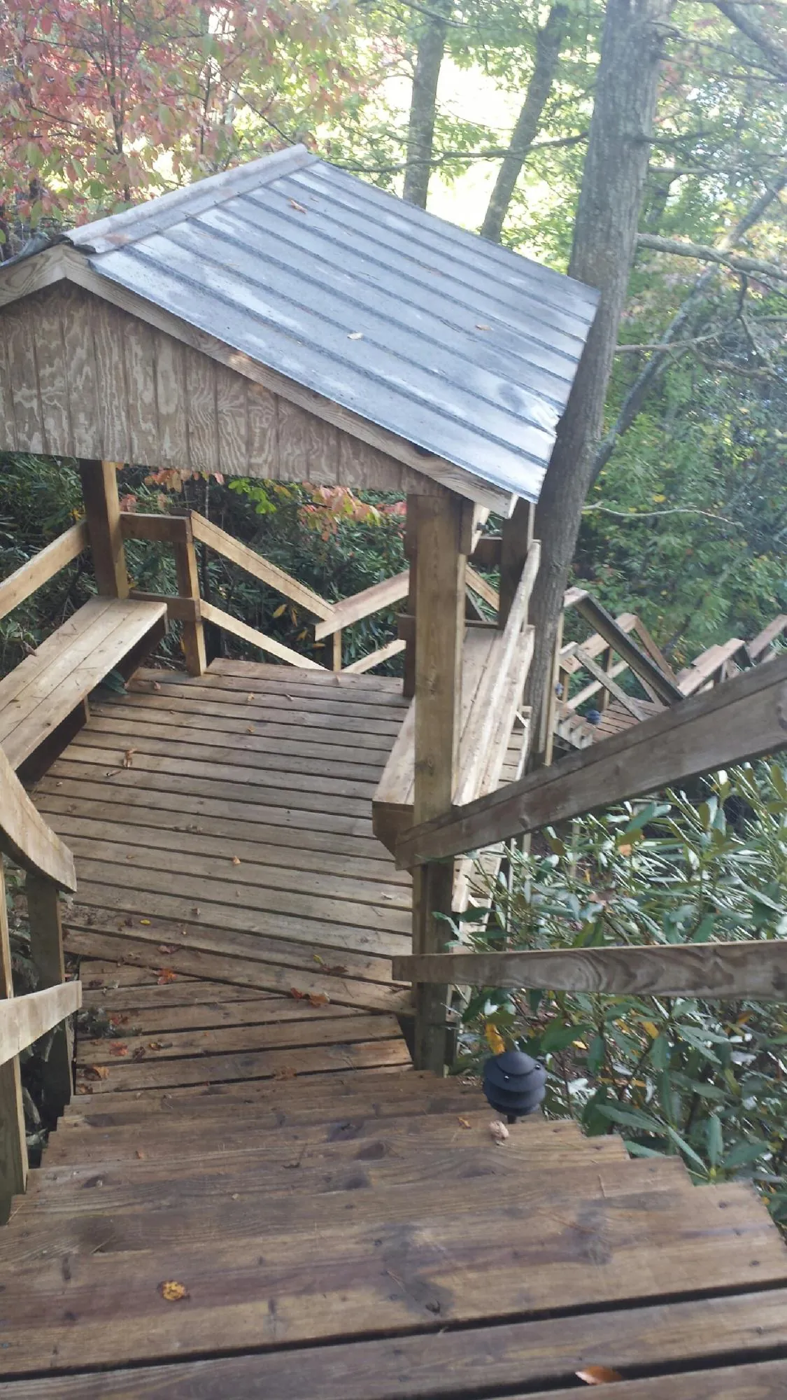 Metal roofed shelter over wooden steps on a wooded walkway — Skylight Repair & Installation work by our crew in Berwyn